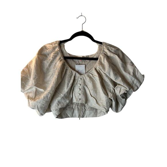 Luxxel Tops - Luxxel Top Size Medium Beige Linen Rayon Button Puff Sleeve Cropped Bohemian